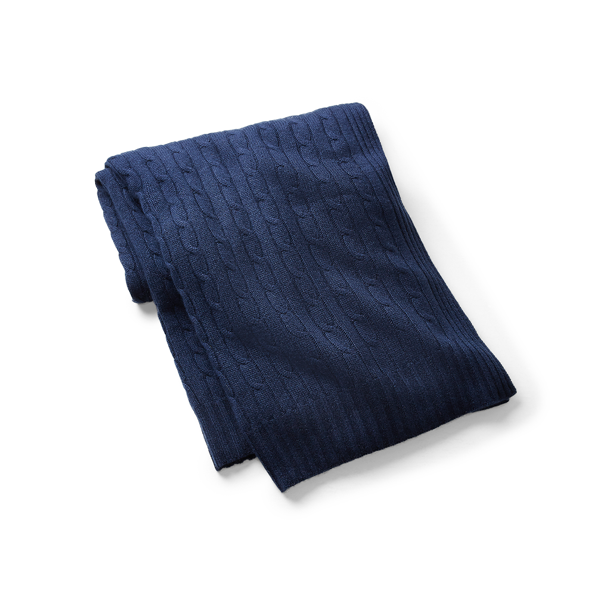 cable knit cashmere throw, Navy 152X152