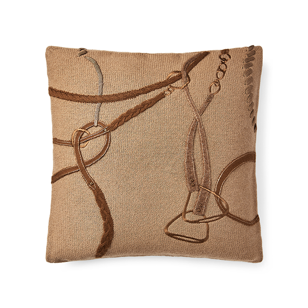 equestrian-motif knitted cushion, camel