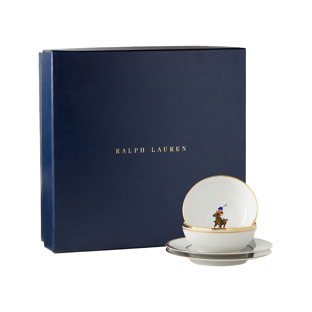 סט מתנה Polo Bear מבית Ralph Lauren Home עם צלחות וקעריות פורצלן בעיטור זהב