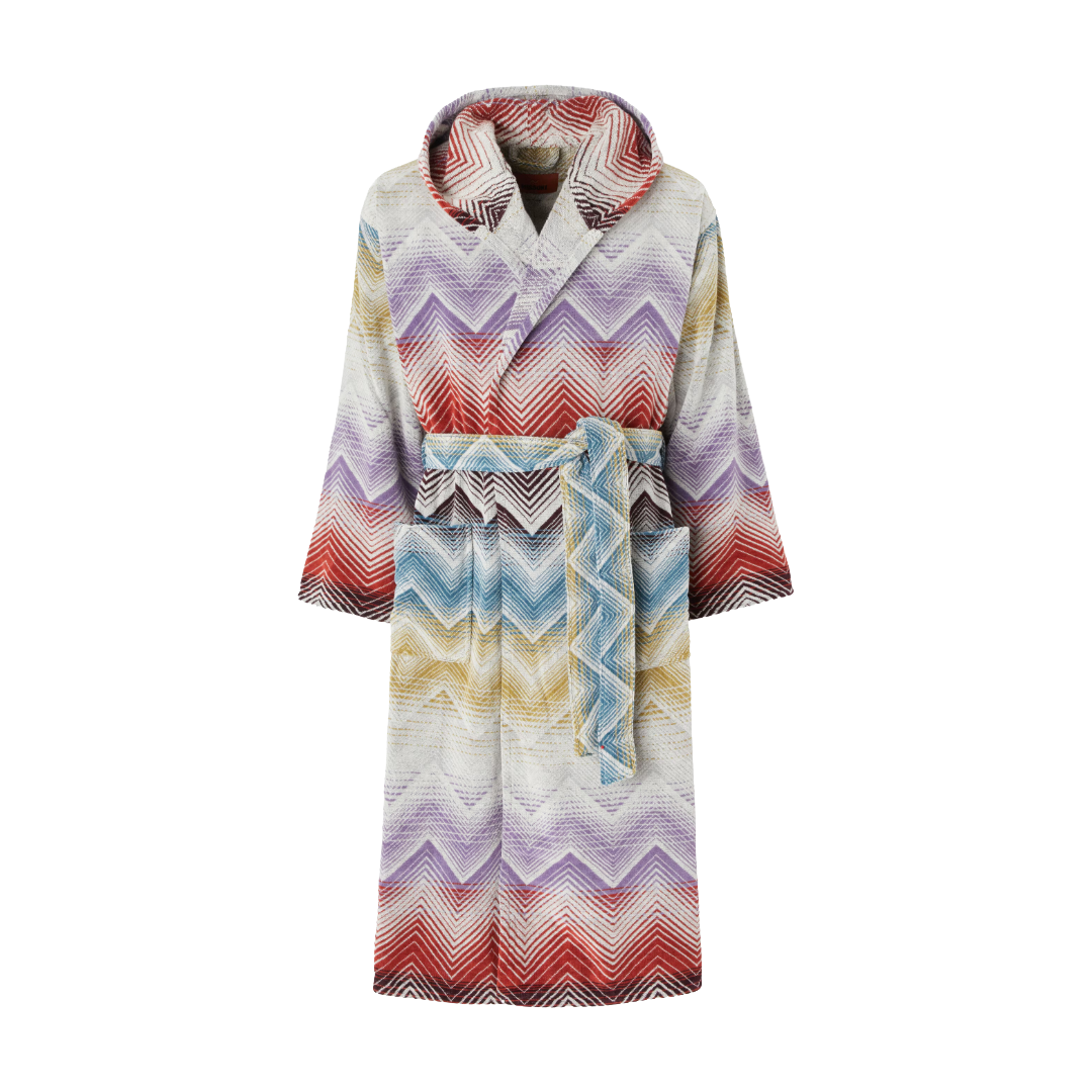 Marea Hooded Bathrobe in cotton terry with chevron pattern, Multicoloured