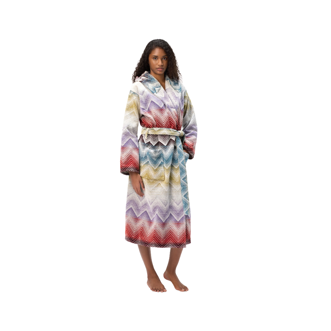 Marea Hooded Bathrobe in cotton terry with chevron pattern, Multicoloured