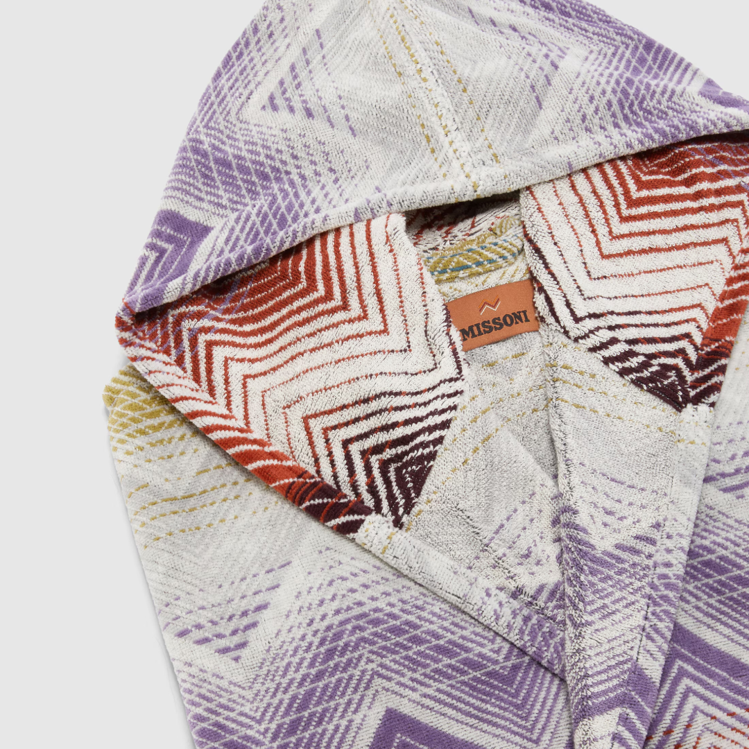 Marea Hooded Bathrobe in cotton terry with chevron pattern, Multicoloured